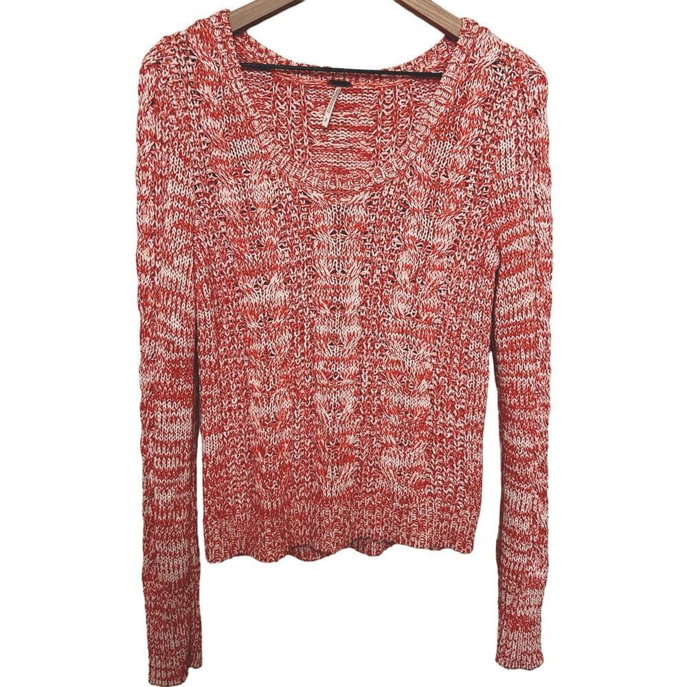 Free People Sweater Women’s Sz S Cable Knit Scoop Neck Orange Ivory Heathered